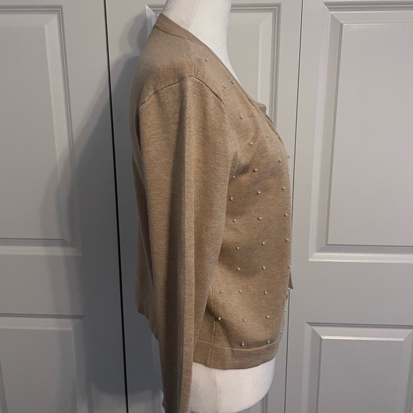 Calvin Klein tan cropped cardigan with pearl details - Picture 3 of 4